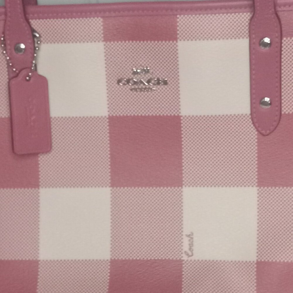 Coach City Red Buffalo Plaid Print PVC & Leather Zip Top Tote - Picture 4 of 15
